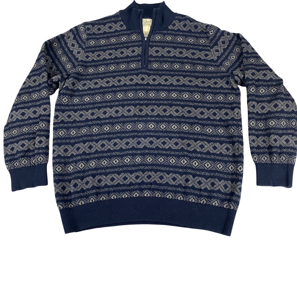 LL‎ Bean Mens Cotton Cashmere Quarter Zip Sweater Navy Geometric Fair Isle XL